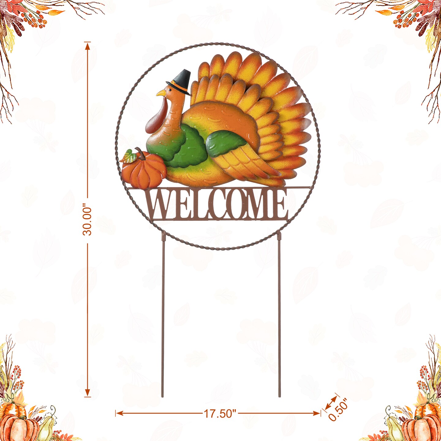 30&#x22;H Thanksgiving Metal &#x22;WELCOME&#x22; Turkey Yard Stake (KD, Two function)