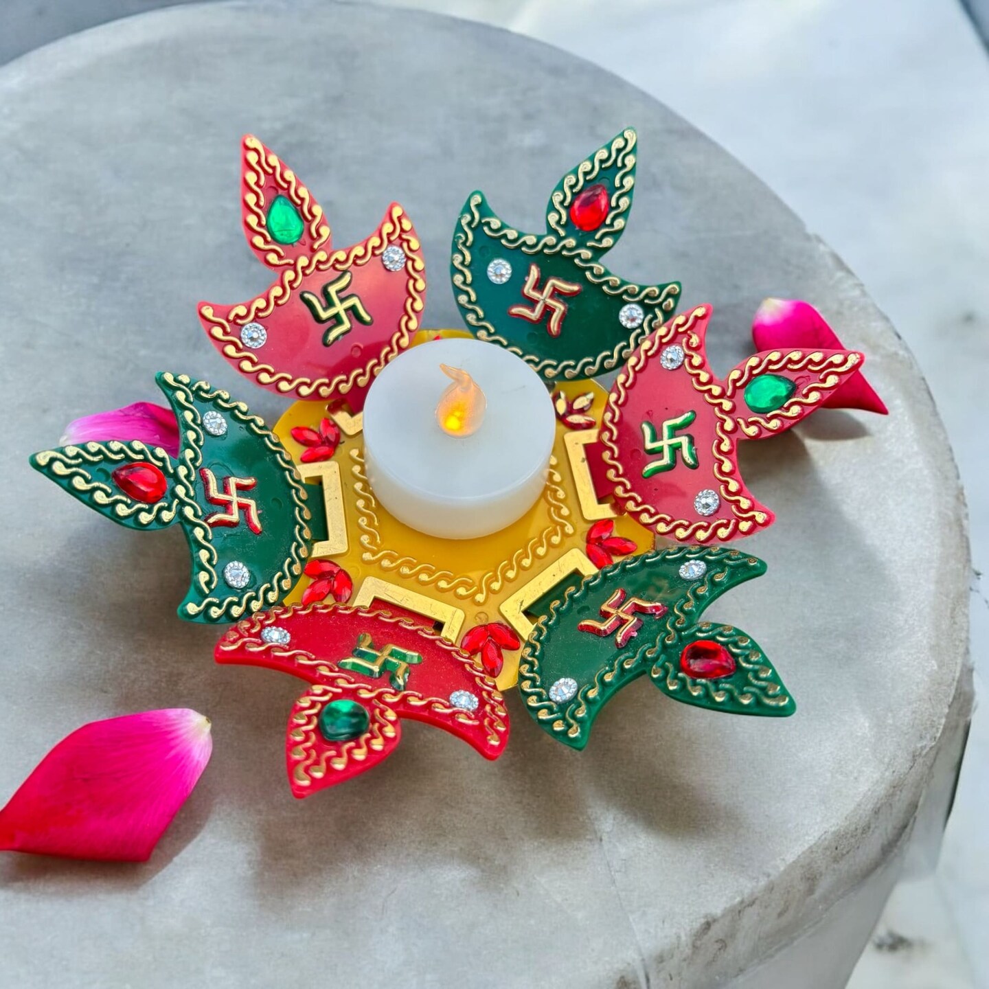 Rangoli Diya Set Decorative Diwali Diya with Tea Light Candle Rangoli Decor Indian Indoor Home Mandir Office Temple Deepawali Decor Dia Housewarming Return Gift