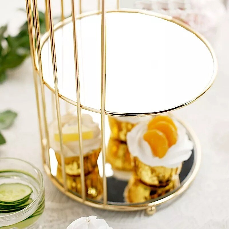 22&#x22; Gold 3 Tier Metal Mirror Glass Hanging Bird Cage Dessert Stand Decorations