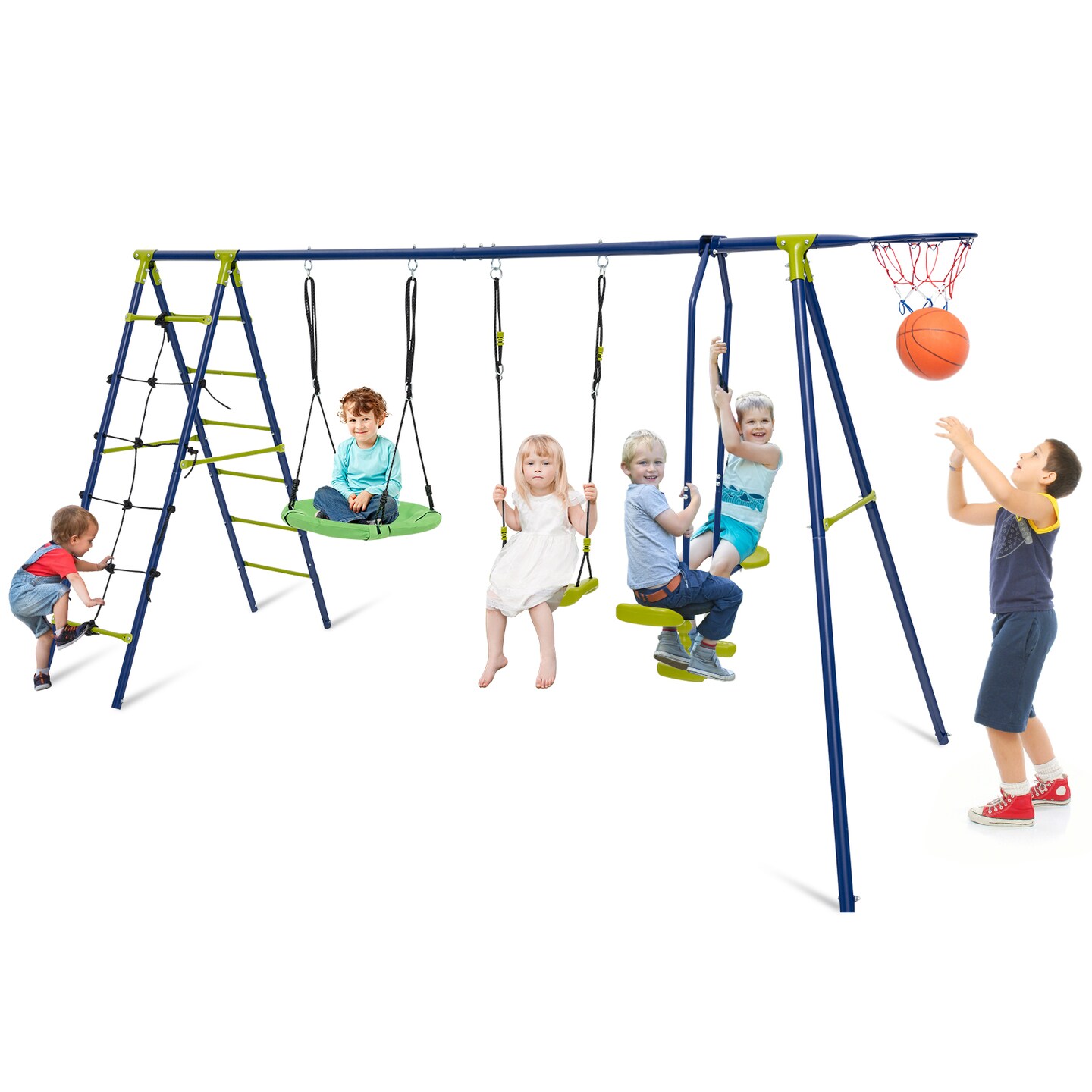 6-in-1 Patio Kids Swing Set with Climbing Net and Ladder