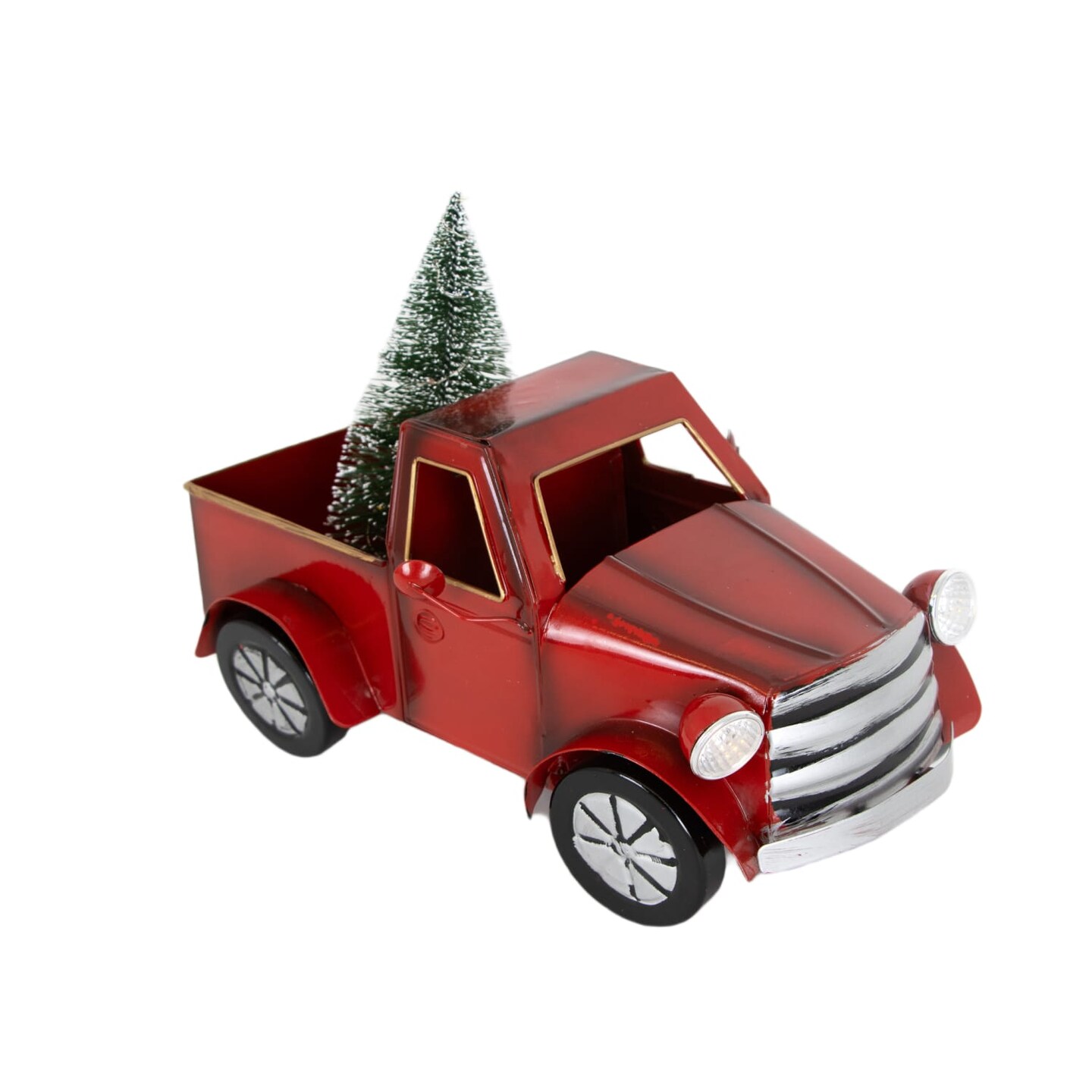 Gerson Lighted Red Truck Transports Christmas Tree Holiday Decor, Headlights and Tree Illuminate, Battery Powered, 11.5 inch