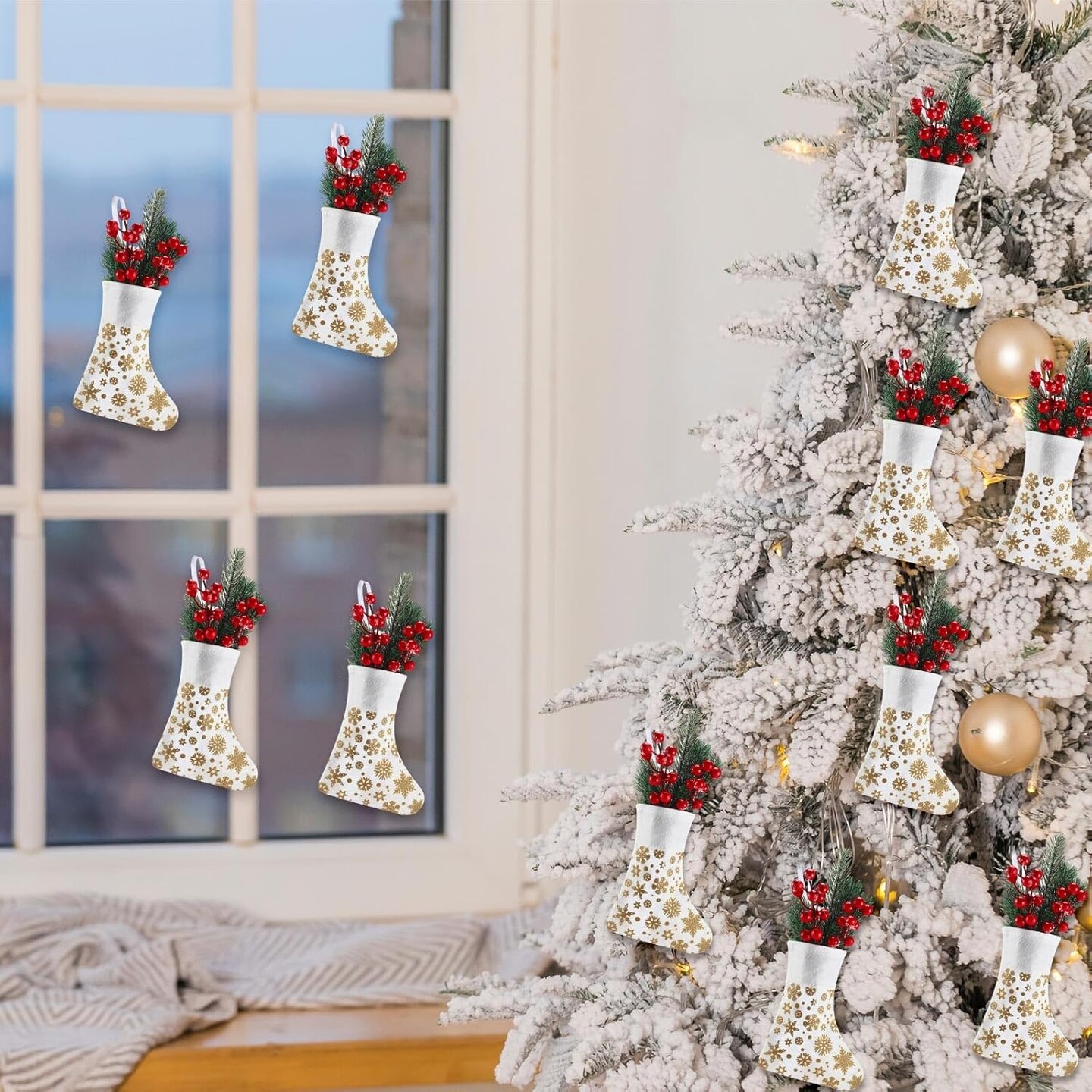 60 Pcs Mini Christmas Stockings Bulk Snowflake Stockings Christmas Hanging Felt Stockings for Fireplace Knife Spoon Fork Holders Family Holiday Xmas Party(Off White)