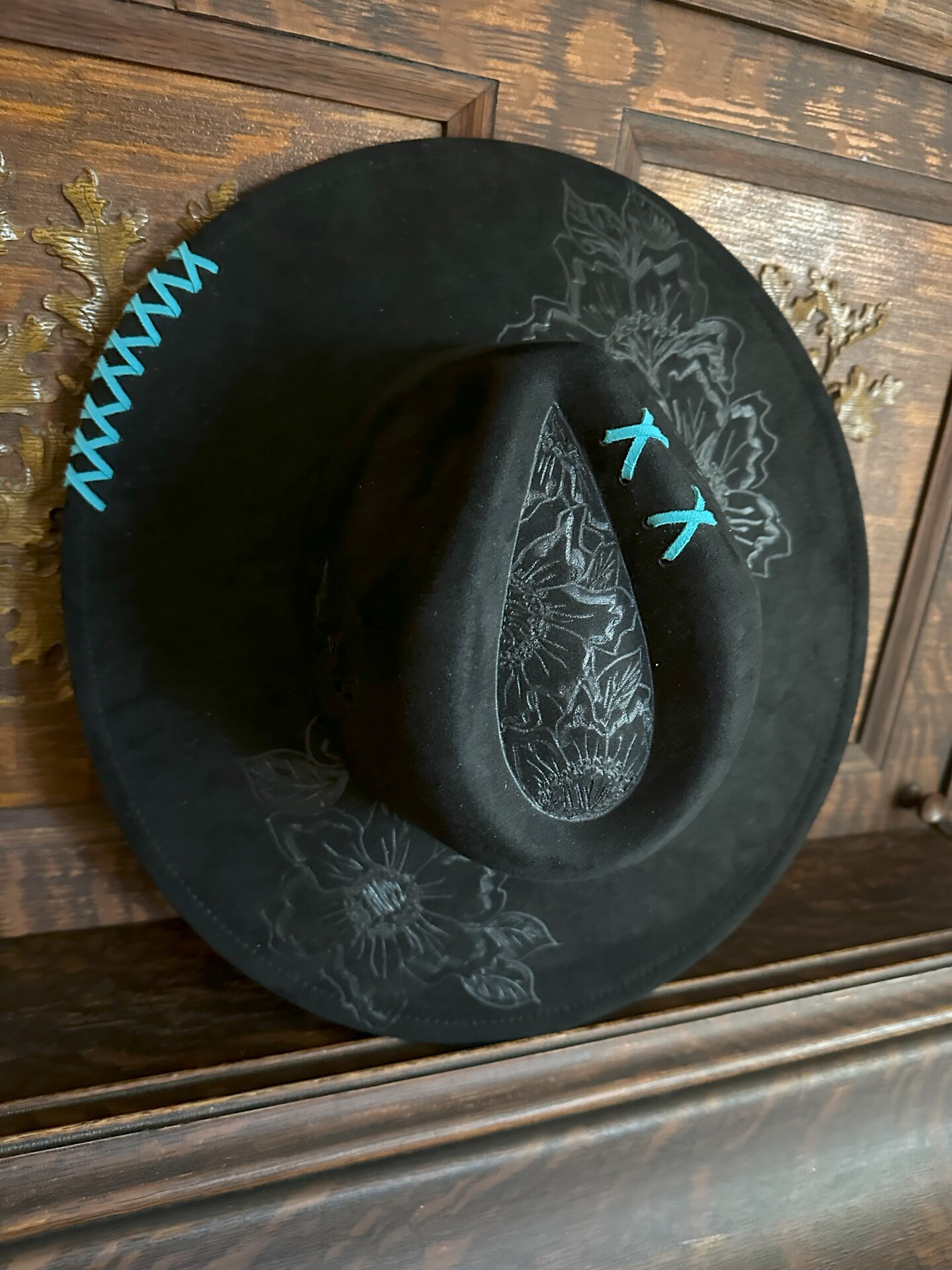 Black Floral Suede Burned Hat with Turquoise Lacing