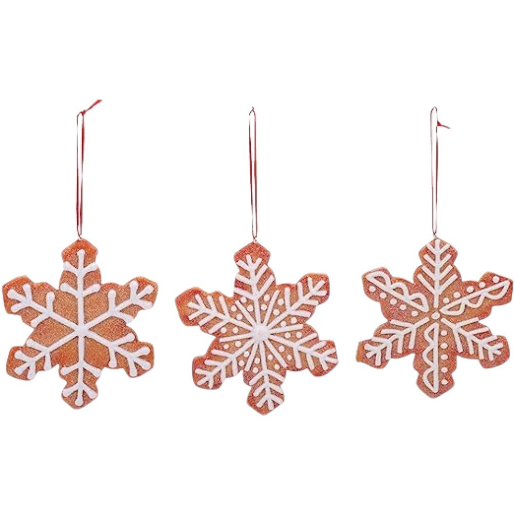 4&#x22; Gingerbread Snowflake Ornaments - Set of 3 Assorted - Festive Christmas Decorations