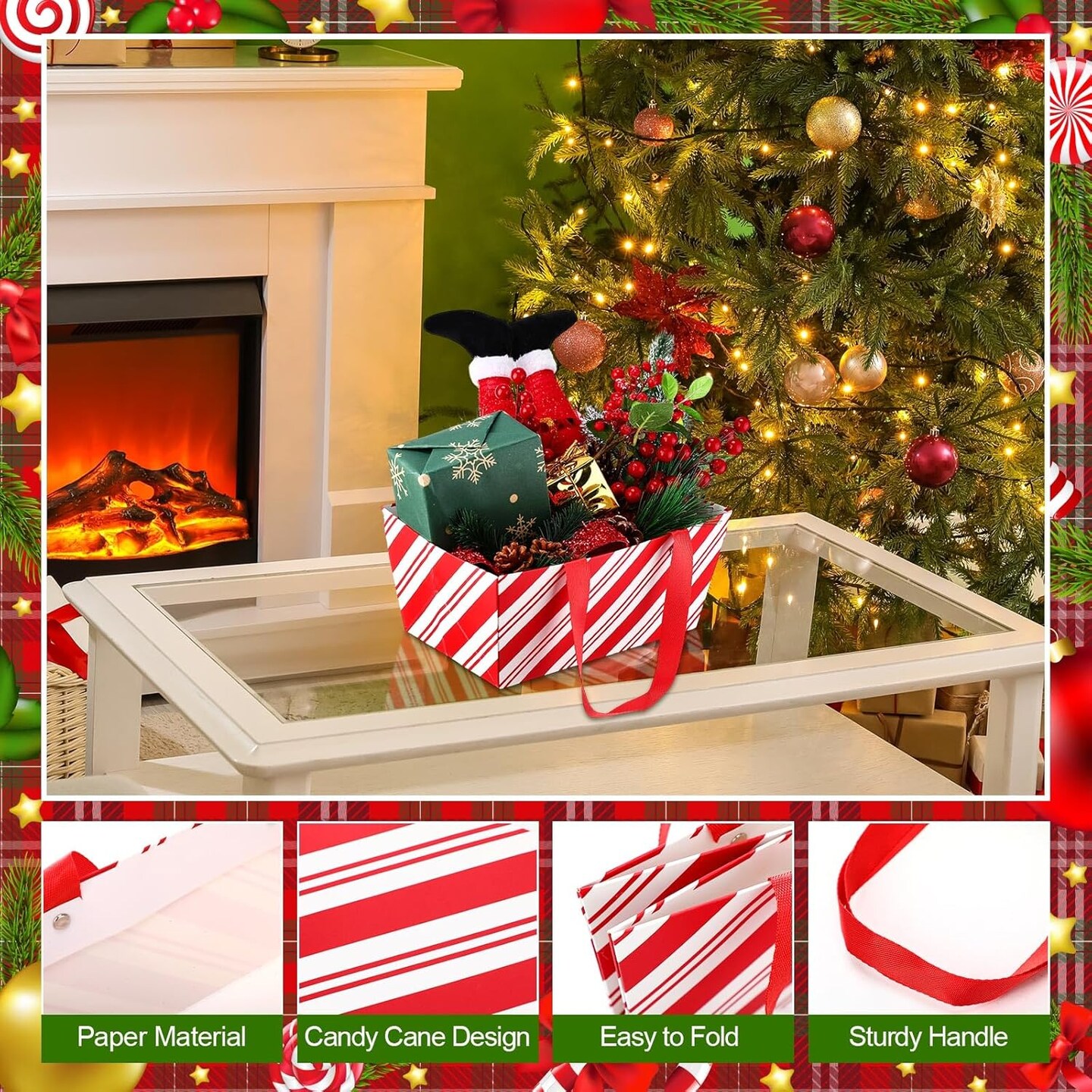 48 Pcs Christmas Basket for Gifts Empty Bulk Red White Candy Cane Design Party Gift Basket Kit with Handle DIY Market Tray for Gift Wrapping Holiday Present Display(9.8 x 6.5 x 4.3 in)
