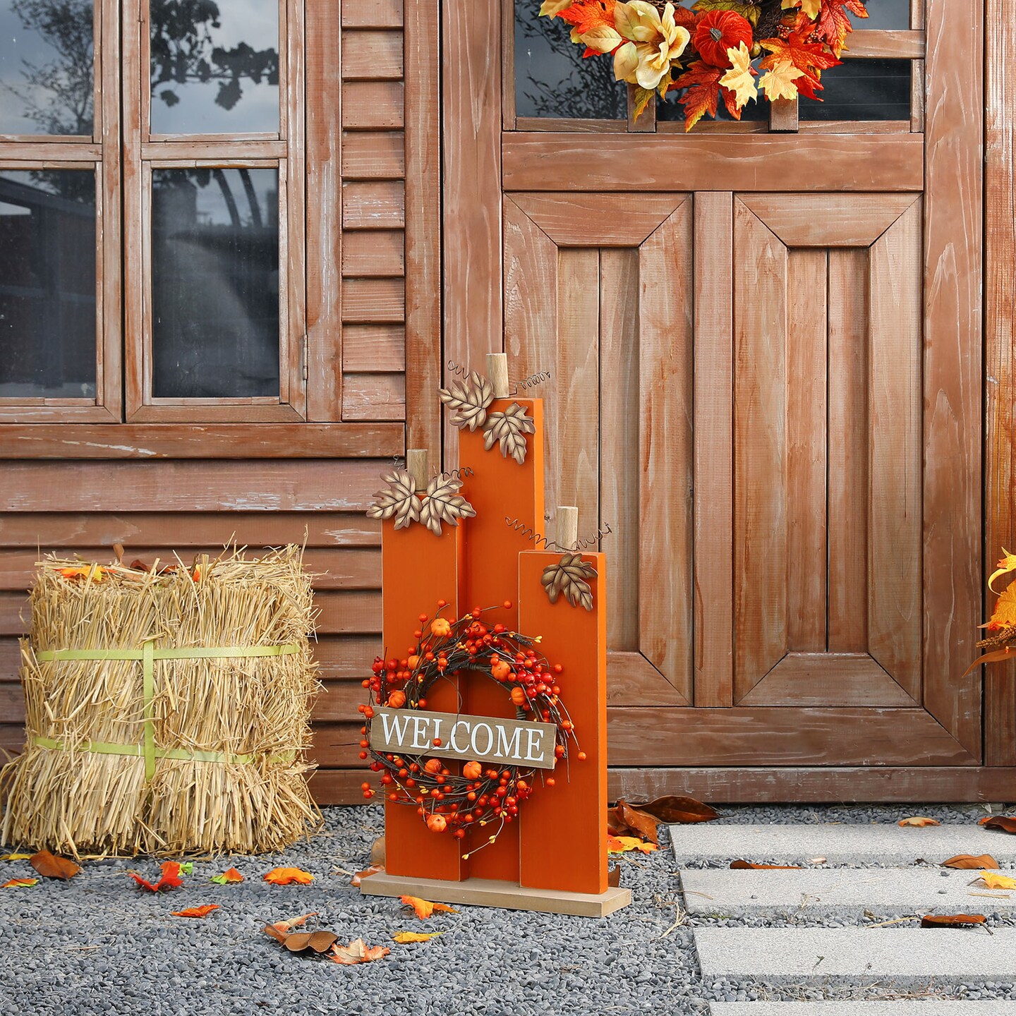 30&#x22;H Fall Lighted Wooden Pumpkin D&#xE9;cor w/Wreath with Timer