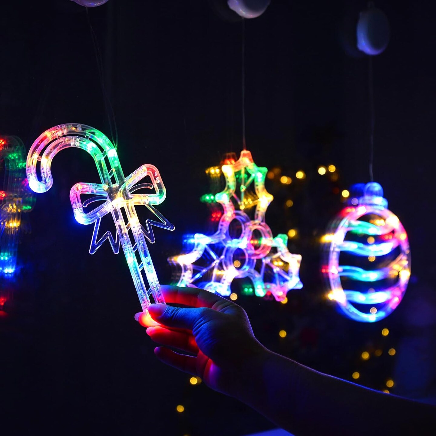 Christmas Window Lights, 3 Pack Multicolor Christmas Ball, Holly Berry, Candy Cane Lights with Suction Cup, Timer Function and Slow Fade Mode Battery Operated Lights for Christmas Decoration