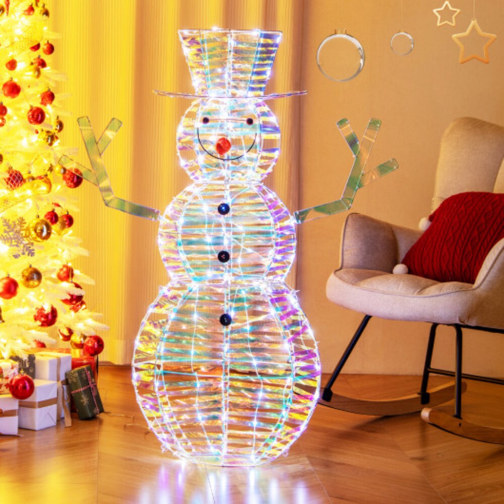 4 Feet Iridescent Christmas Snowman with White LED Lights and Ground Stakes