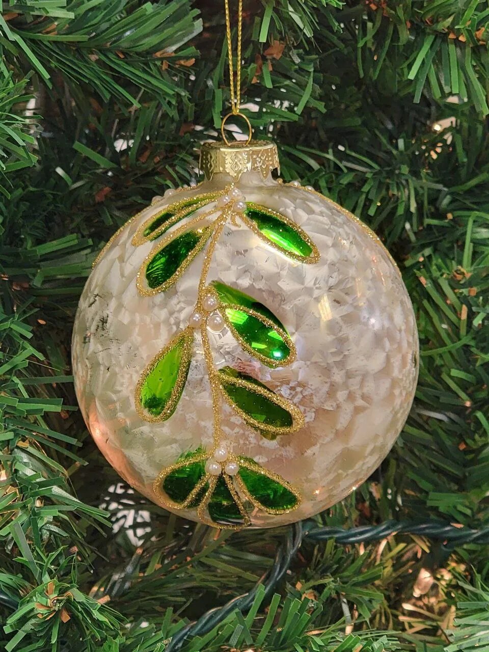 White and Green Glitter Leaf Glass Christmas Ornament