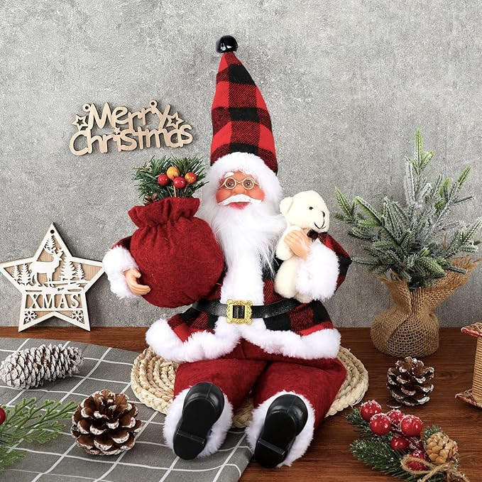 Christmas Sitting Santa Hand Crafted Cute Chic Santa Claus Figurines Doll with Gift Bag and Little Bear Christmas Decoration for Home Office Table Xmas Party Ornament Gift (12 Inch)