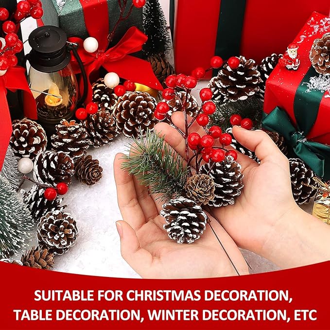 115Pcs Christmas Pine Cones Berry Pine Branch Set White Christmas Decorations for DIY Crafts Home Xmas Tree Gift Party Supplies, Assorted Sizes
