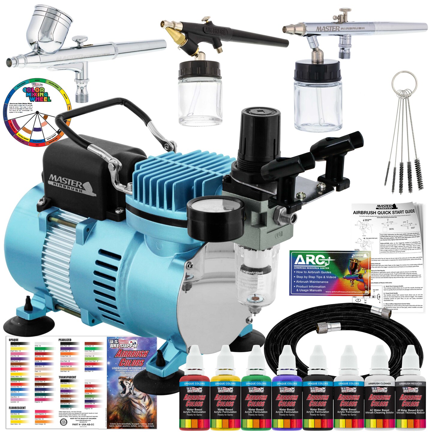 Professional Cool Runner II Dual Fan Air Compressor, 3 Airbrush System Kit with 6 Primary Opaque Colors Acrylic Paint Artist Set - How To Guide