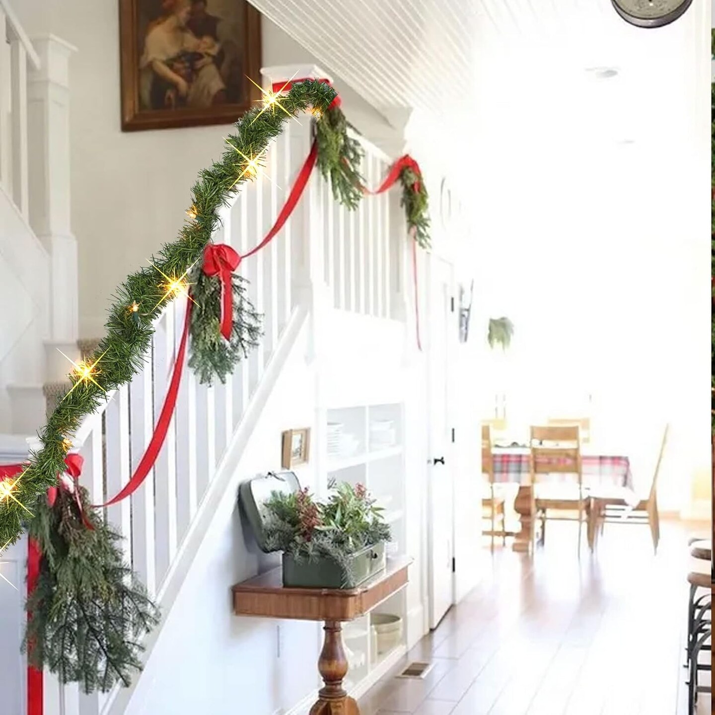 14.8 FT Artificial Christmas Garland, 50 Pre-Lit LED Mini String Lights Battery Operated Xmas Garland for Home Stair Railing Indoor Wedding Party Christmas Ornament Decorations (Warm White)