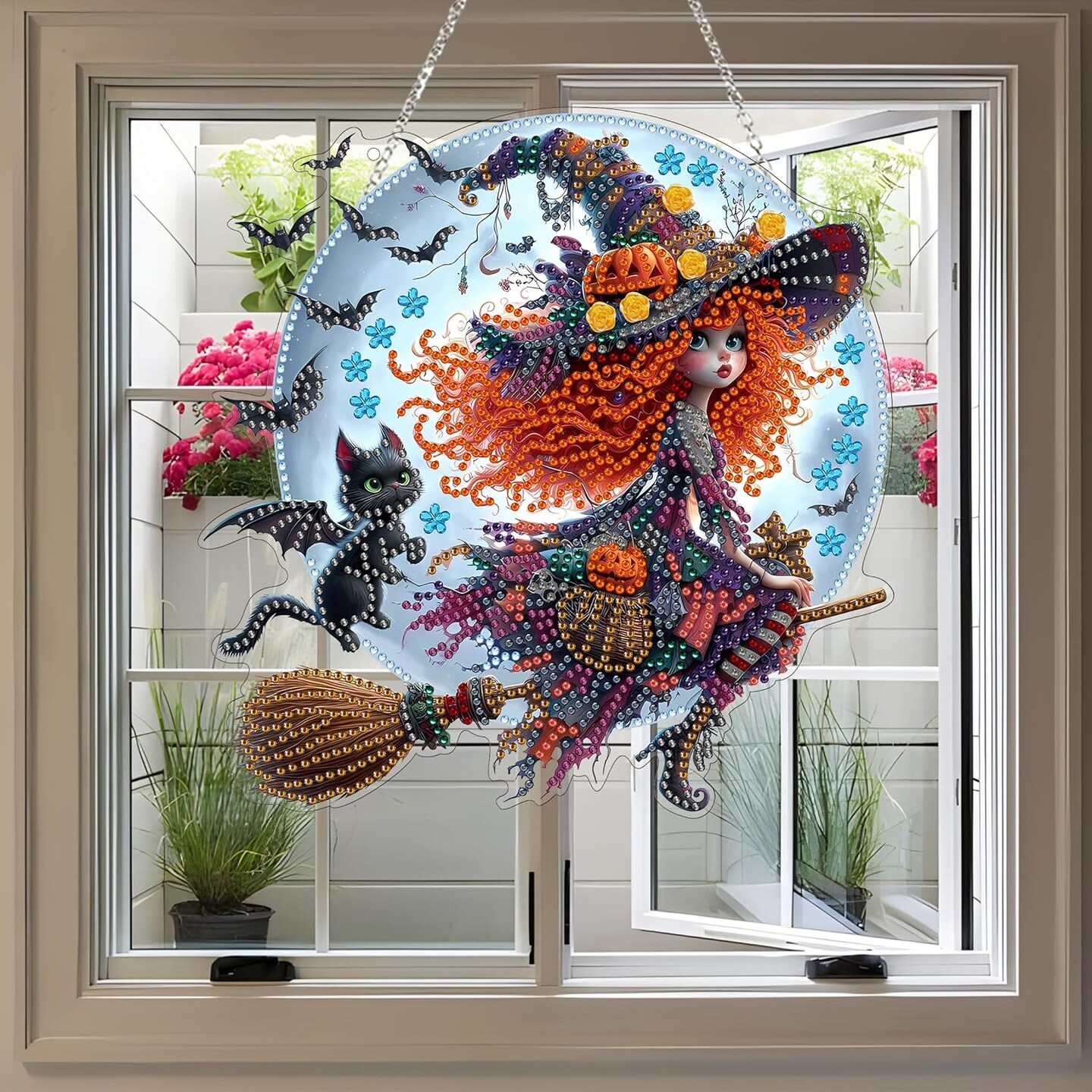 Diamond Art Hanging Kit – Halloween Witch DIY Double-Sided 5D Acrylic Rhinestone Window & Wall Pendant, Home & Garden Decor for Adults