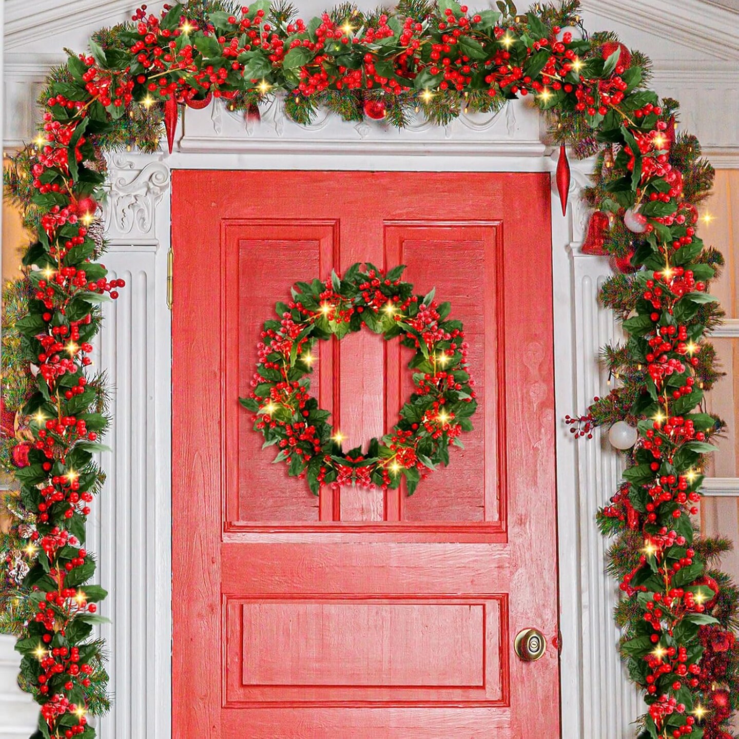 18 ft 3 Pcs Lighted Christmas Garland with Red Berry