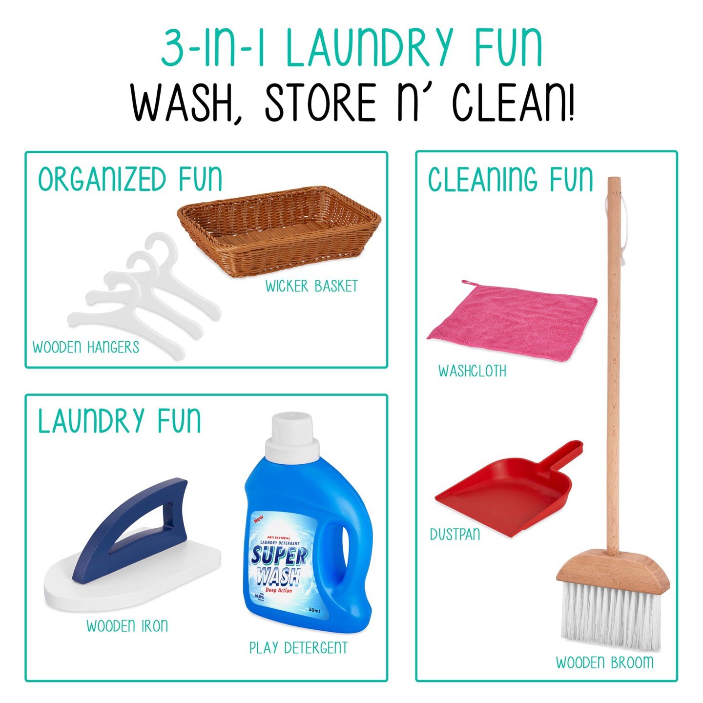 Lil' Jumbl Wooden Pretend Laundry Playset for Kids with Washer and Dryer