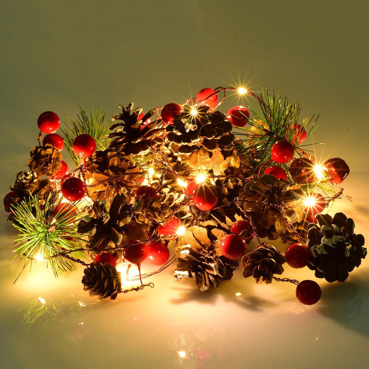 6.7FT Christmas Garland with Lights, 20 LED Red Berry Pine Cone Garland Lights Battery Operated