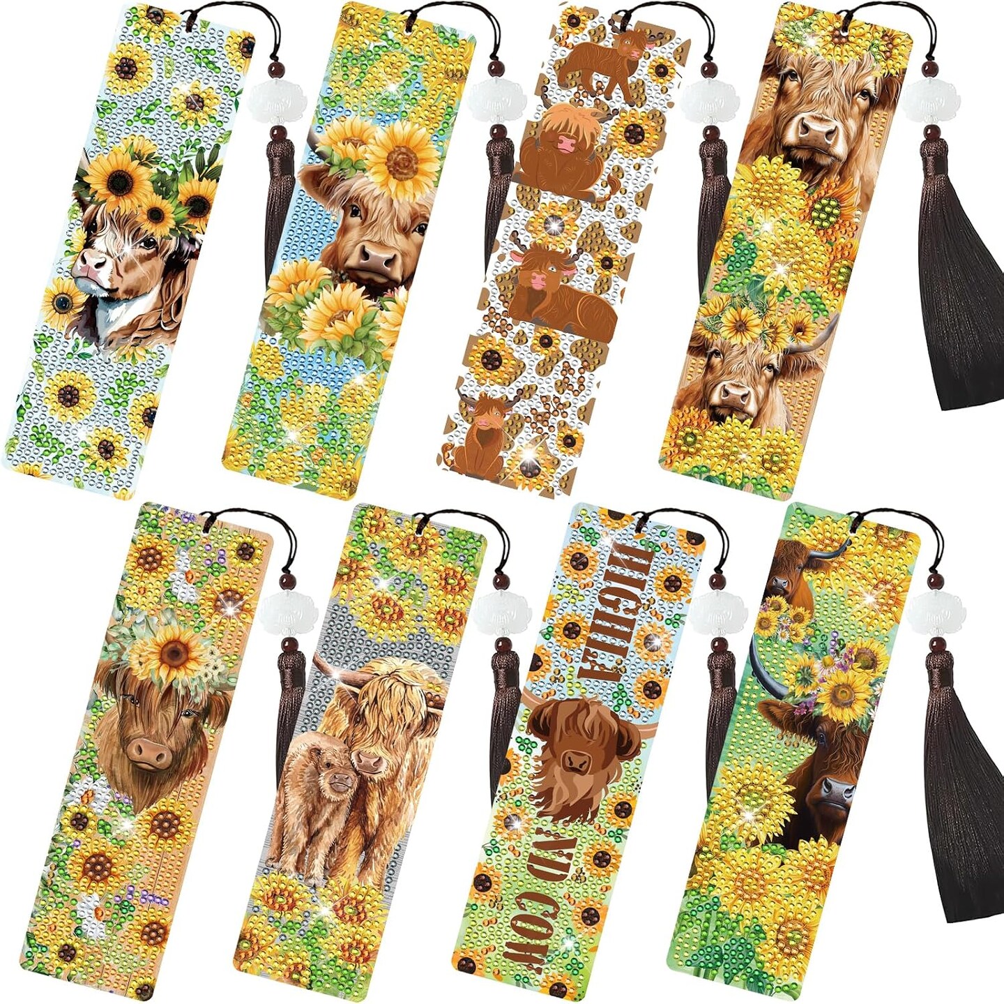 8 Pack Highland Cow Diamond Painting Bookmark Kit – DIY 5D Diamond Art Bookmarks with Tassels, Sunflower Crystal Gem Bookmarks for Adults & Kids, Handmade Reading Gifts for Highland Cow Lovers, Teachers & Book Lovers