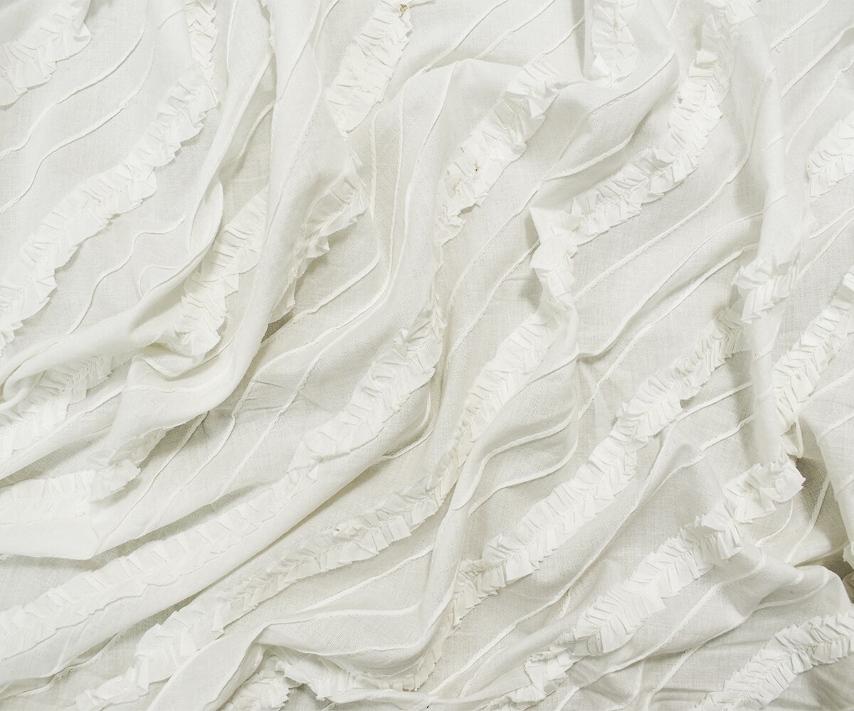 White Cotton Ruffle Pin-Tuck Diagonal Striped Voile Woven Fabric By the Yard