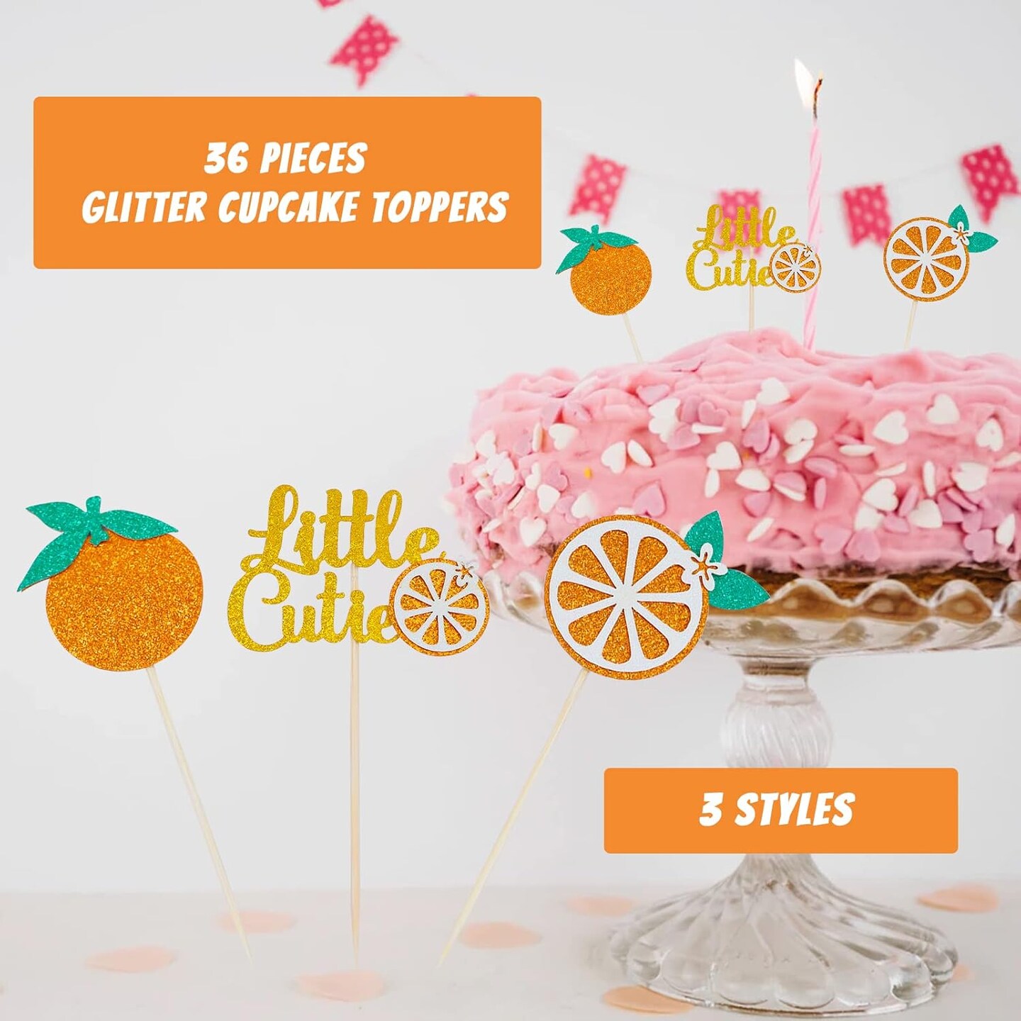 36 Pieces Little Cutie Glitter Cupcake Toppers – Orange Citrus Party Picks for Baby Shower, Kids Birthday & Themed Party Decorations