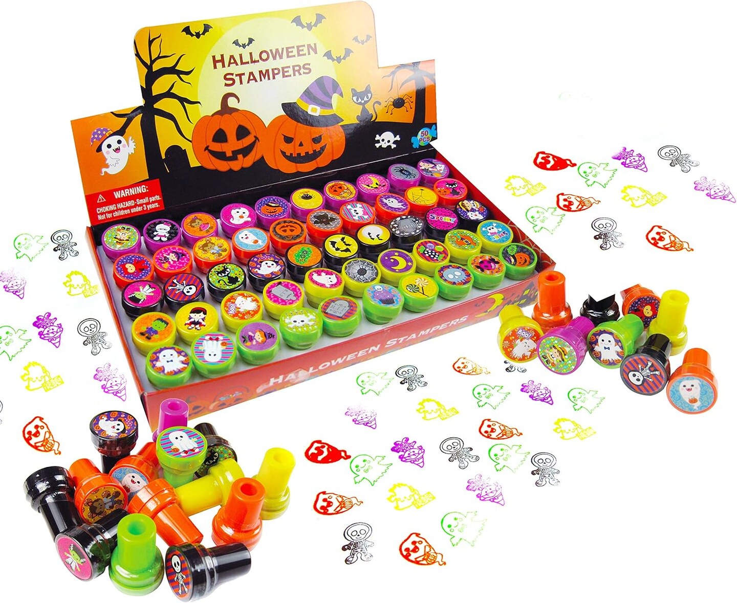 TINYMILLS 50 Pcs Halloween Stamps for Kids with 50 Different Designs Trick or Treat Stampers Bulk Halloween Party Favors for Kids, Game Prizes, Halloween Stampers for Kids, Non Candy Treats