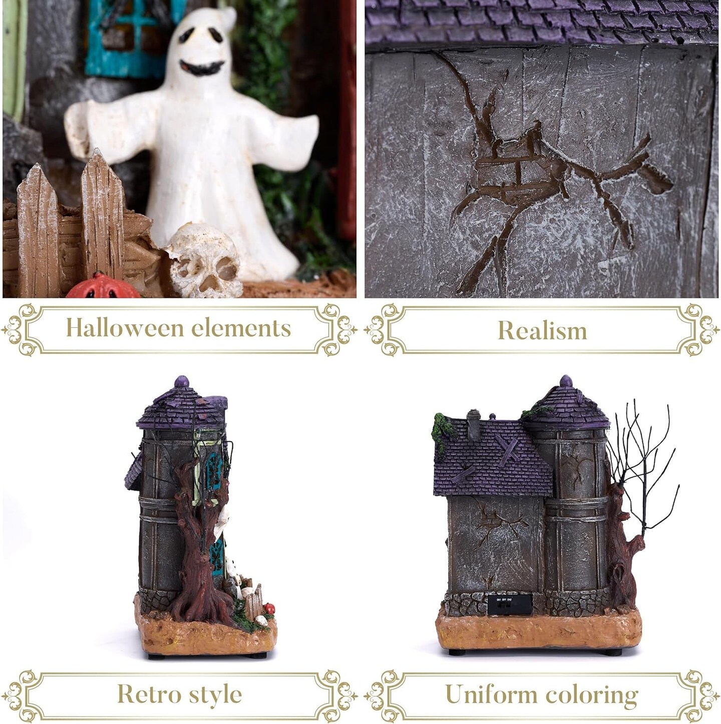 Halloween Village for Home Decor, 10Inch Lighted Cute Halloween House Resin Statue with Music and Colorful Light, Haunted House Gift for Table Yard Outdoor Indoor Party Decoration