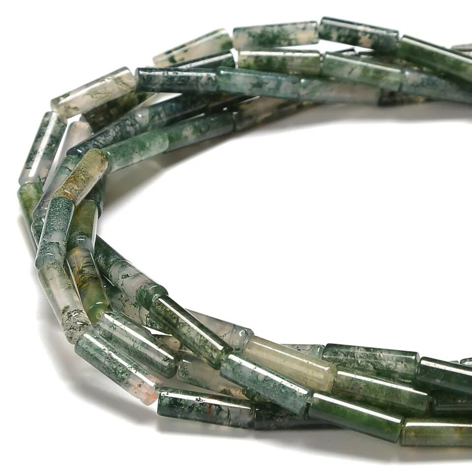 Natural Moss Agate Cylinder Tube Beads Size 4x13mm 15.5&#x27;&#x27; Strand