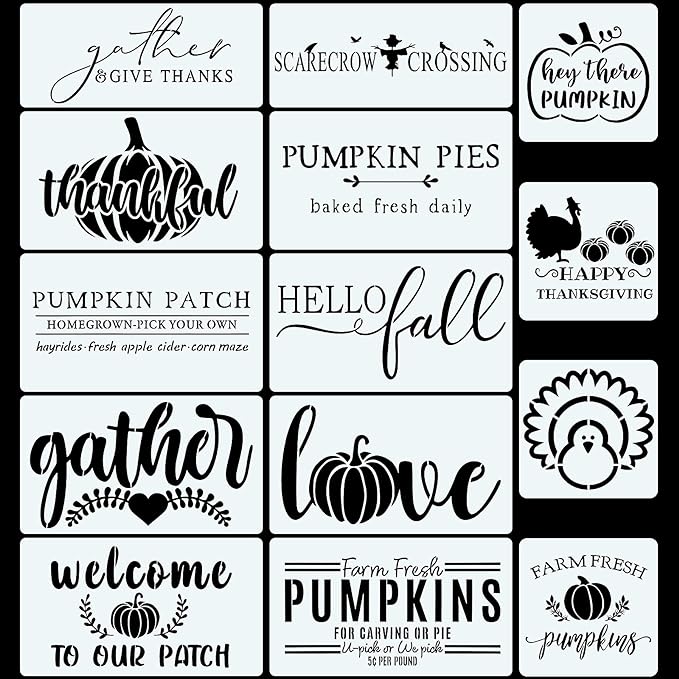 14 Pieces Fall Stencils Painting on Wood, Reusable Thanksgiving DIY Farmhouse Wood Signs Hello Fall: Gather Farm Fresh Pumpkin Turkey Templates for Home Decor Halloween Art Crafts, Assorted Sizes