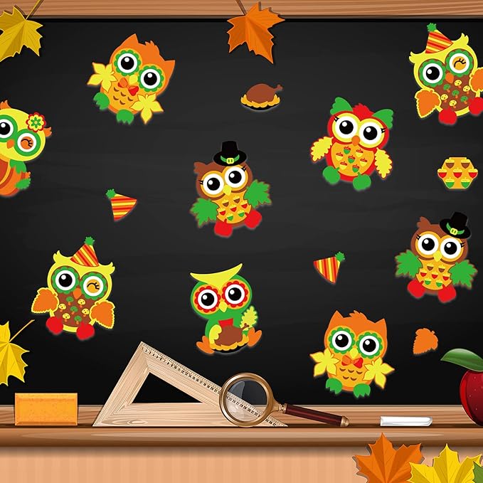 30 Packs Fall Thanksgiving Crafts for Kids Thanksgiving Owl DIY Artwork with Fall Autumn Leaves Pumpkins Stickers Create Your Own Owl Set for Kindergarten Home Class Game Activities.