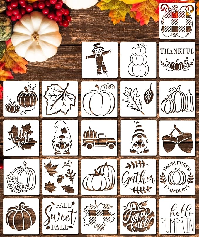 24pcs fall stencils 3x3 in reusable, small fall stencil for painting on wood- autumn templates for Thanksgiving DIY crafts ornaments wood slice