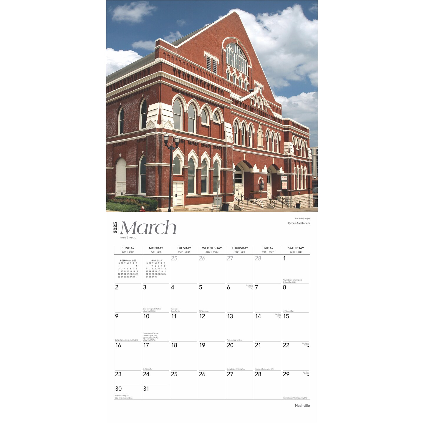 Nashville | 2025 12 x 24 Inch Monthly Square Wall Calendar | Plastic-Free | BrownTrout | Travel American Cities Tennessee