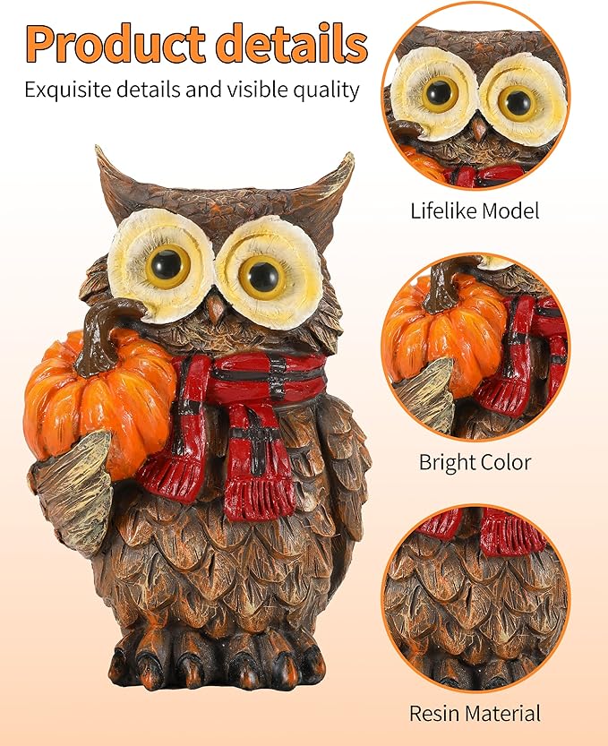 Fall Harvest Owl Ornaments - 7&#x22; Resin Craft with Red Scarf and Pumpkin for Thanksgiving Table Decorations Centerpieces Owl decor for shelves, desks, homes, offices, and gardens.