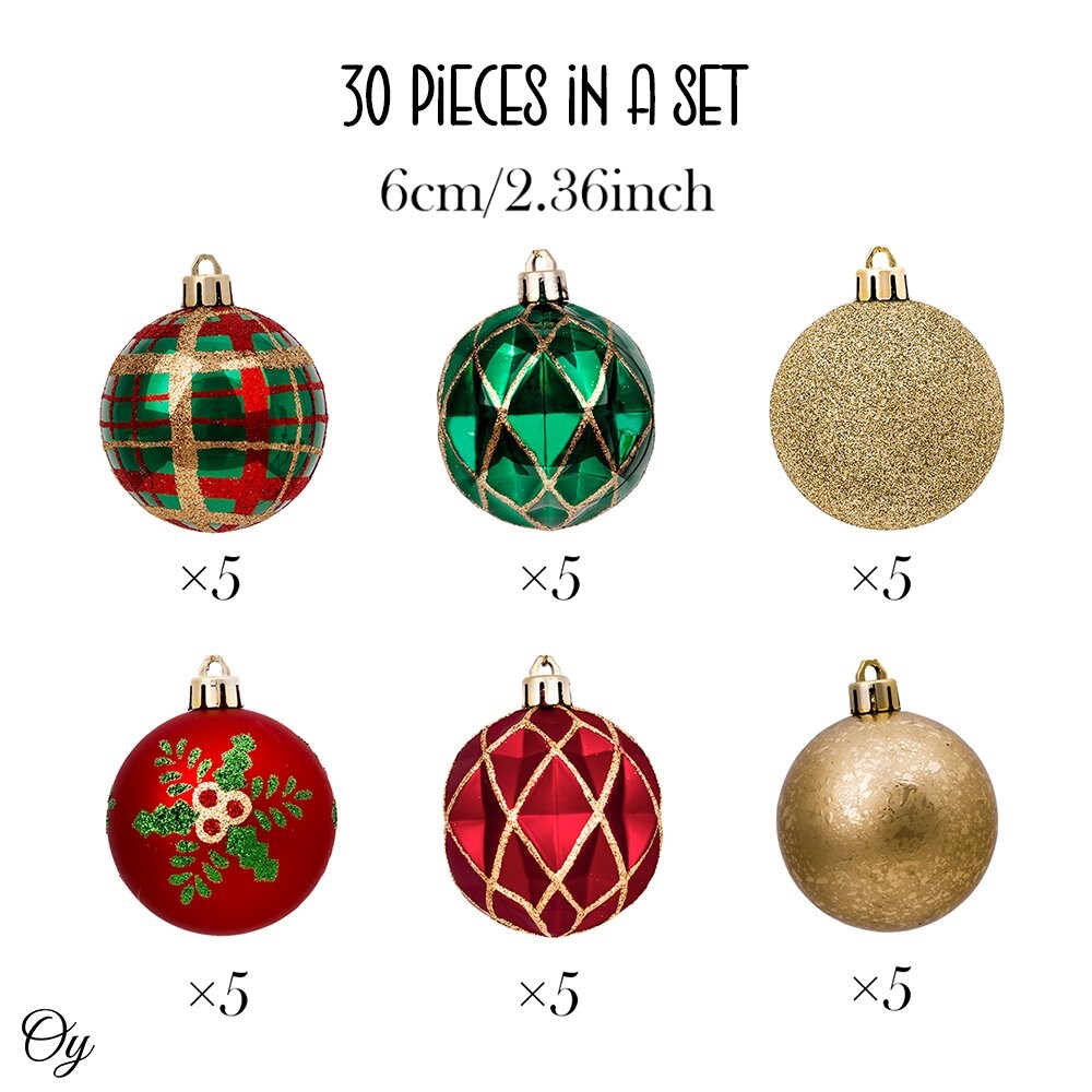 Graceful Ornament Bundle Set, Red, 30 Green and Gold Glittered Tree Baubles