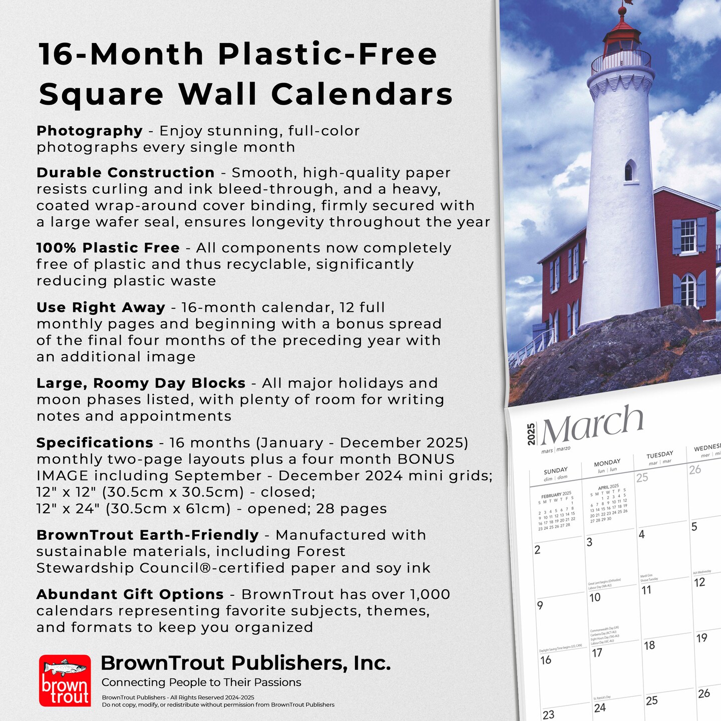 Pacific Coast Lighthouses | 2025 12 x 24 Inch Monthly Square Wall Calendar | Plastic-Free | BrownTrout | USA United States of America West Coast Scenic Nature