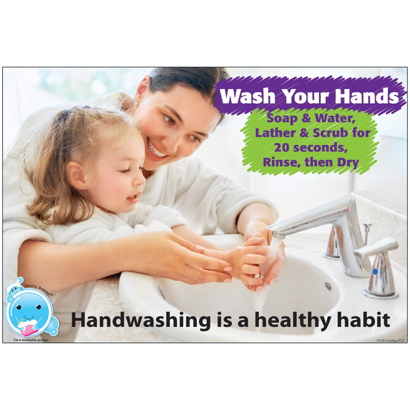 Healthy Bubbles&#x2122; Smart Poly&#x2122; Chart, Handwashing is A Healthy Habit, 13&#x22; x 19&#x22;