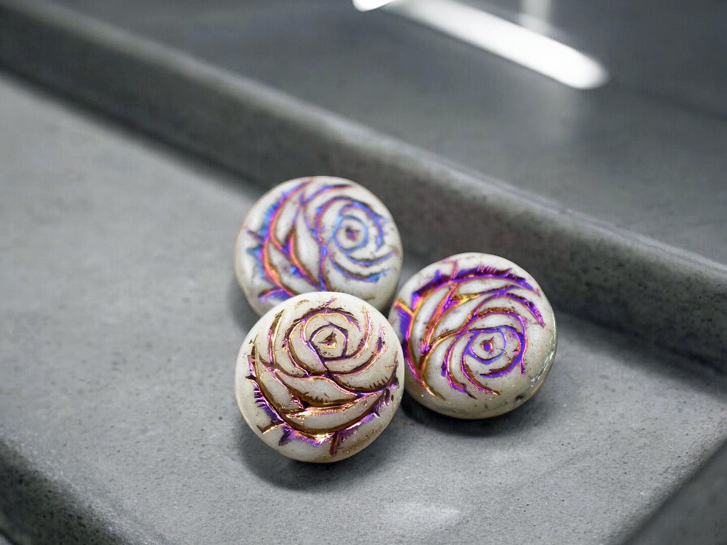 *6* 17mm Metallic Rainbow Washed Alabaster Rose Coin Beads
