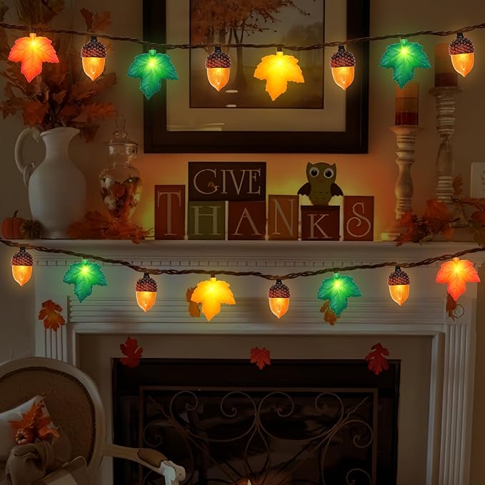 Fall Decor Maple Leaf Acorn LED String Lights, 8.5Ft 3D Maple Leaf Acorn Lights (10 PCS) Fall Lights Plug in for Home Indoor Fireplace Bedroom Outdoor Autumn Party Thanksgiving Harvest and Fall Decorations