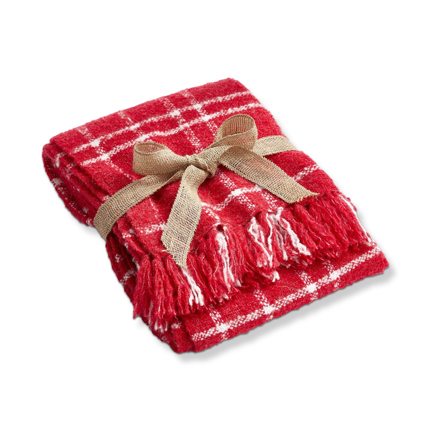 Merry Plaid Acrylic Decorative Throw for Sofa or Bed, Red and White Plaid with Fringe 50L x 60W in.