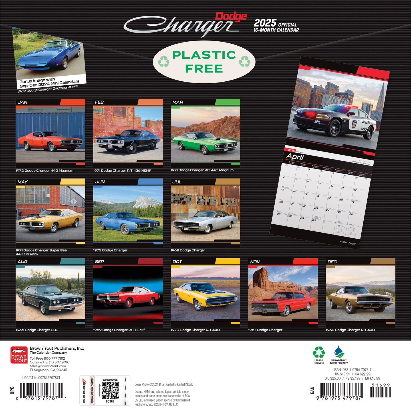 Dodge Charger OFFICIAL | 2025 12 x 24 Inch Monthly Square Wall Calendar | Foil Stamped Cover | Plastic-Free | BrownTrout | American Muscle Motor Car