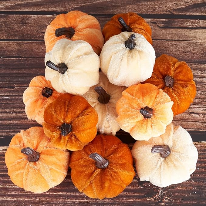 Pumpkin Decor 12 Pieces Artificial Fake Faux Velvet Foam Fabric Pumpkins Decoration for Fall Home Farmhouse Harvest Thanksgiving Decorative