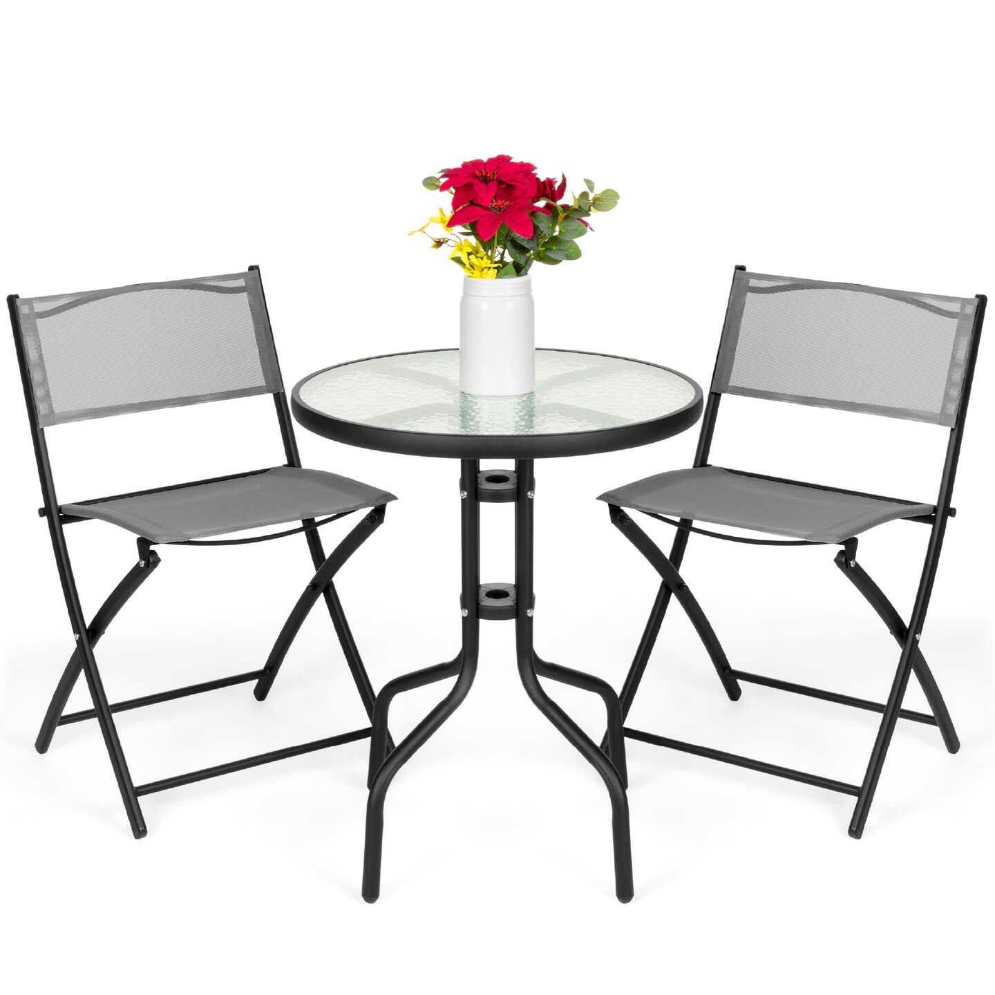 Best Choice Products 3-Piece Patio Bistro Dining Furniture Set w/ Round Textured Glass Tabletop, Folding Chairs