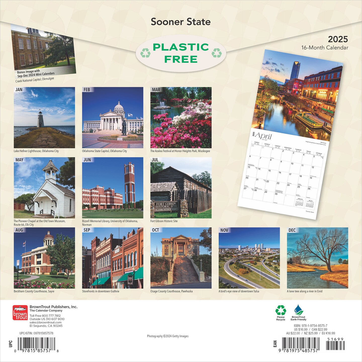 Sooner State | Oklahoma Places | 2025 12 x 24 Inch Monthly Square Wall Calendar | Plastic-Free | BrownTrout | USA United States of America Southwest State Nature