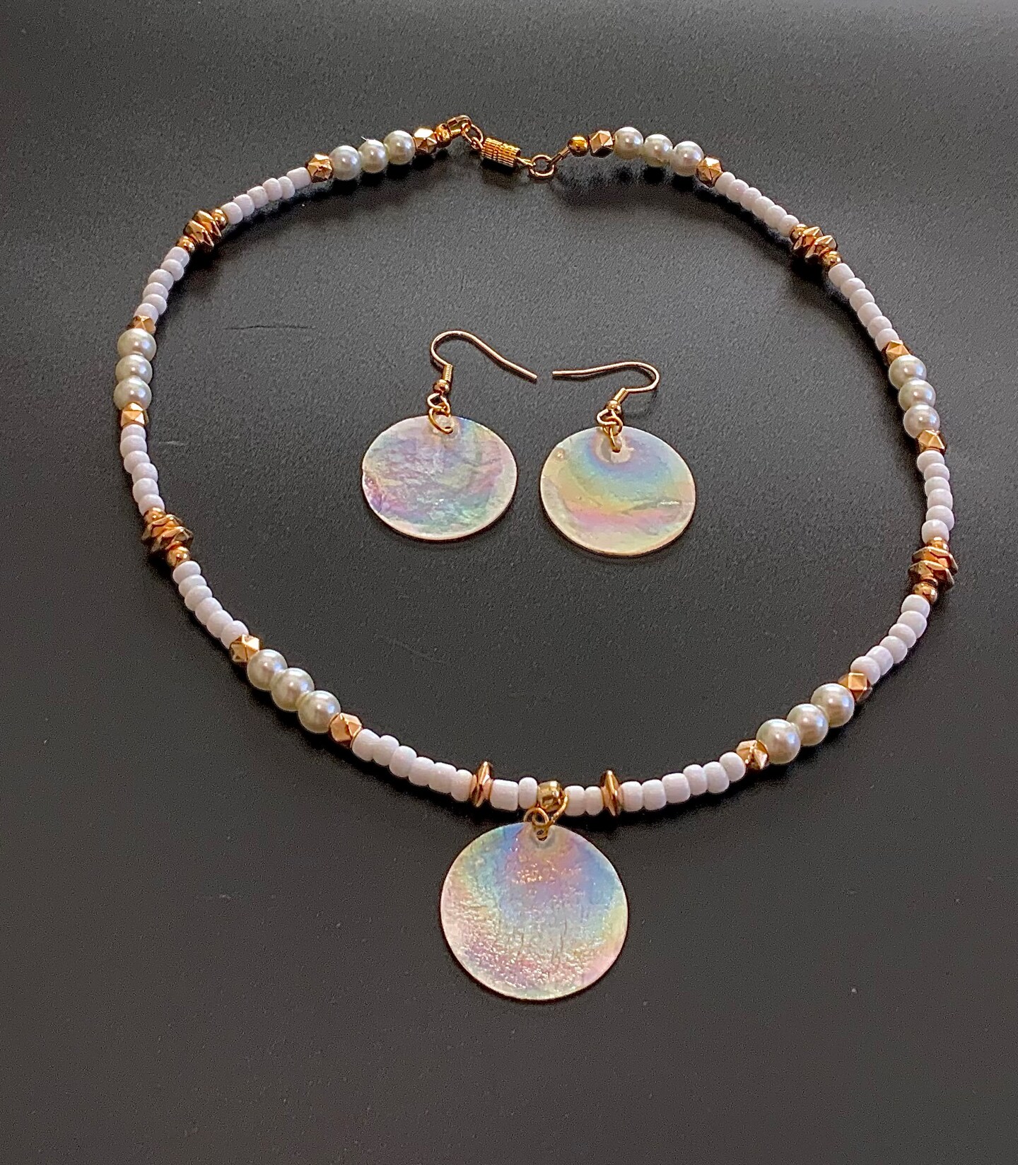 White Necklace with Gold Spacers and Capiz Shell Pendant, Earrings