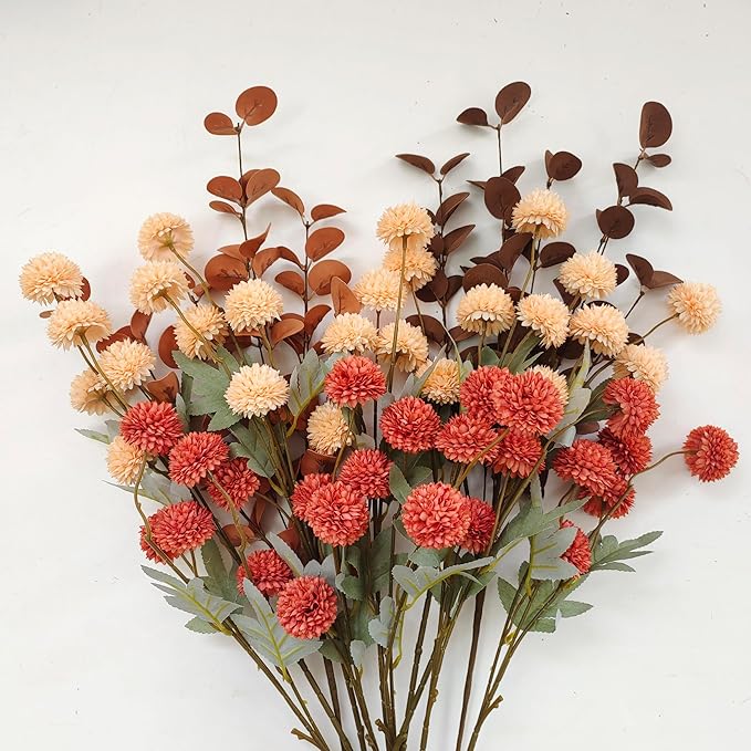 Burnt Orange Faux Kiku Flower 10 Stems + 18 Brown Eucalyptus Stems, Assorted Artificial Silk Mums Autumn Flowers, Mini Fake Chrysanthemum Flowers, Faux Stems Artificial