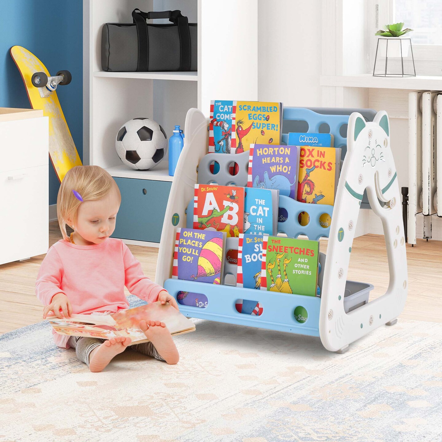 Costway 3-In-1 Kids Art Easel with Stool Magnetic Dry-Erase Board with Book Rack Blue/Green/Pink