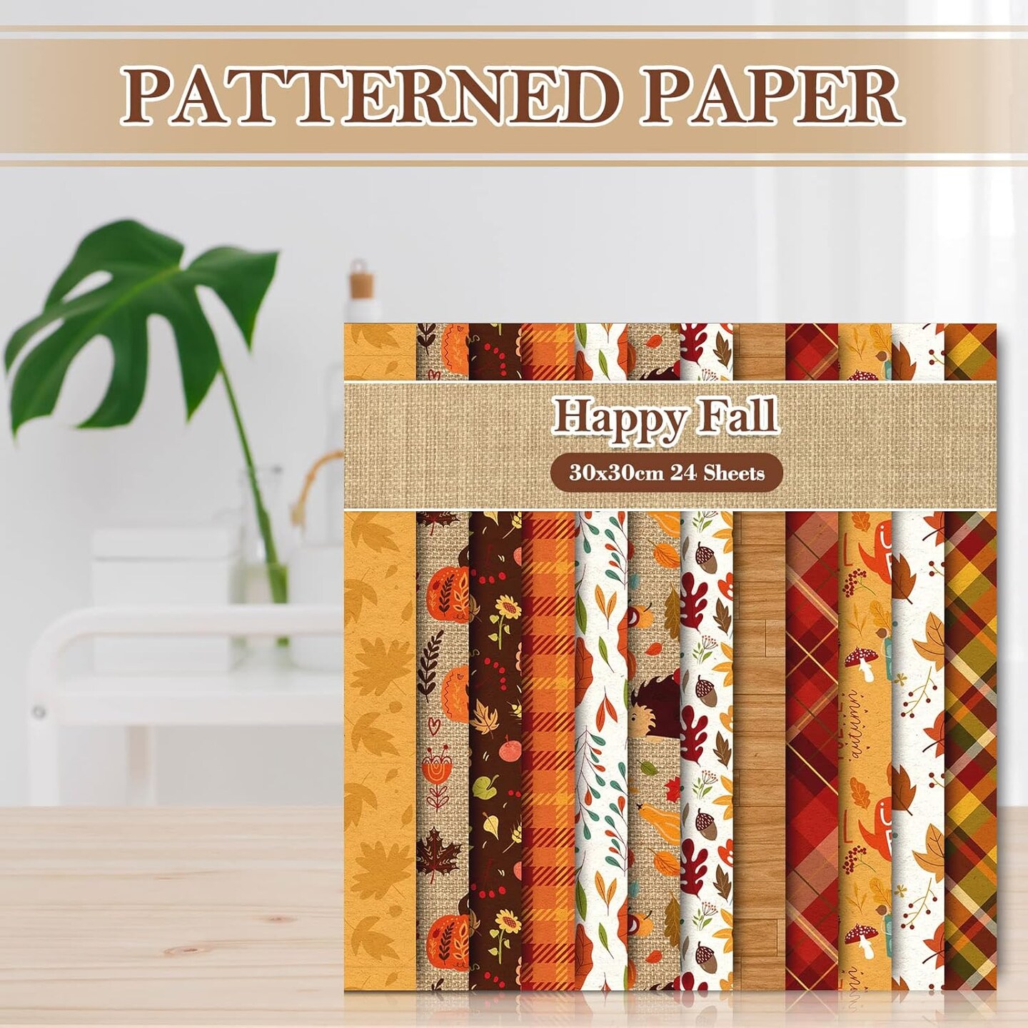 24 Pieces Fall Pattern Paper 30x30cm Colorful Fall Leaves Pumpkin Plaid Double-Sided Scrapbook Specialty Paper Folded Flat for DIY Decorative Background Card Making Photo Album Junk Journal Decor