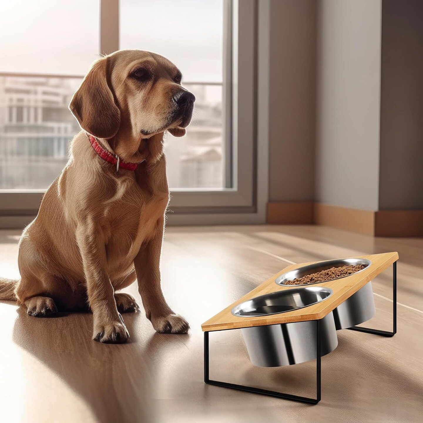 Dog Bowls Stand Bamboo Raised Dog Bowl with 2 Stainless Steel Food Water Bowls Set Food Feeding Dishes for Indoor Cat and Large Medium Dogs