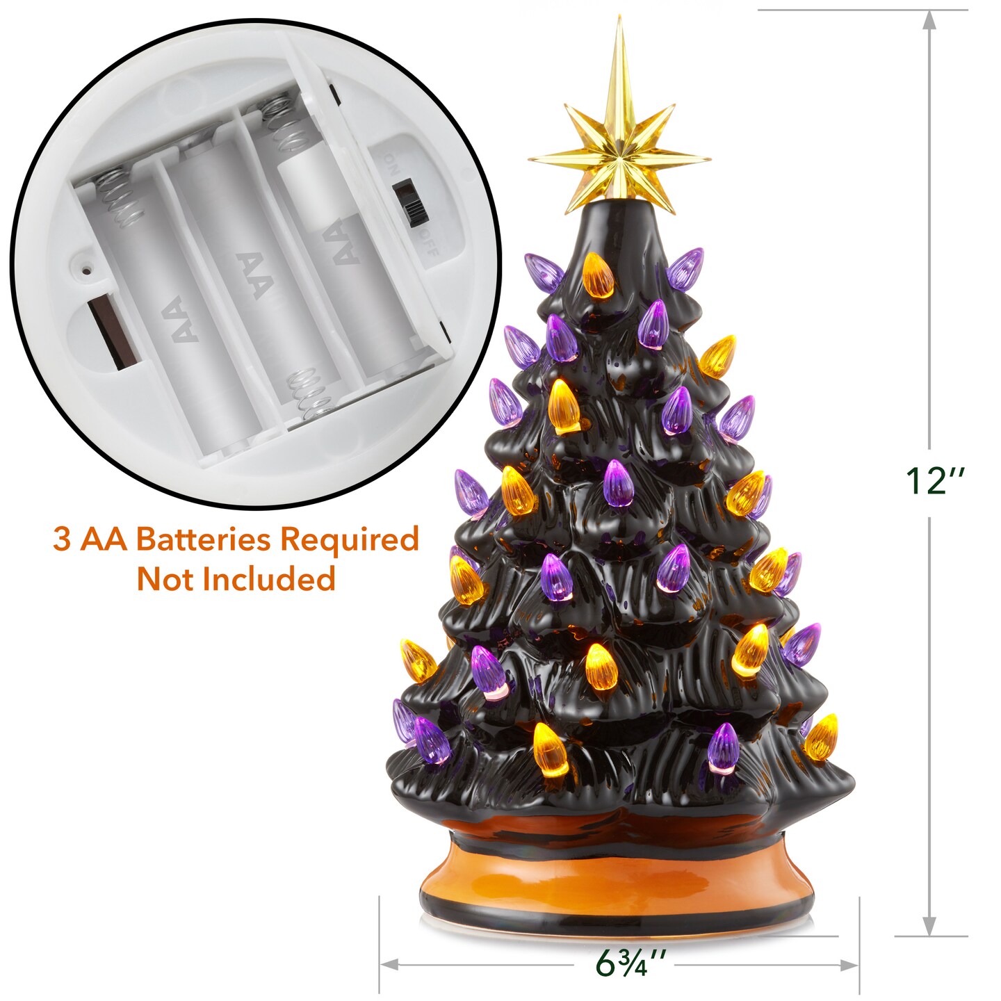 Casafield Hand Painted Ceramic Christmas Tree, 12-Inch Pre-Lit Tree with 100 Multi Color Lights and 2 Star Toppers