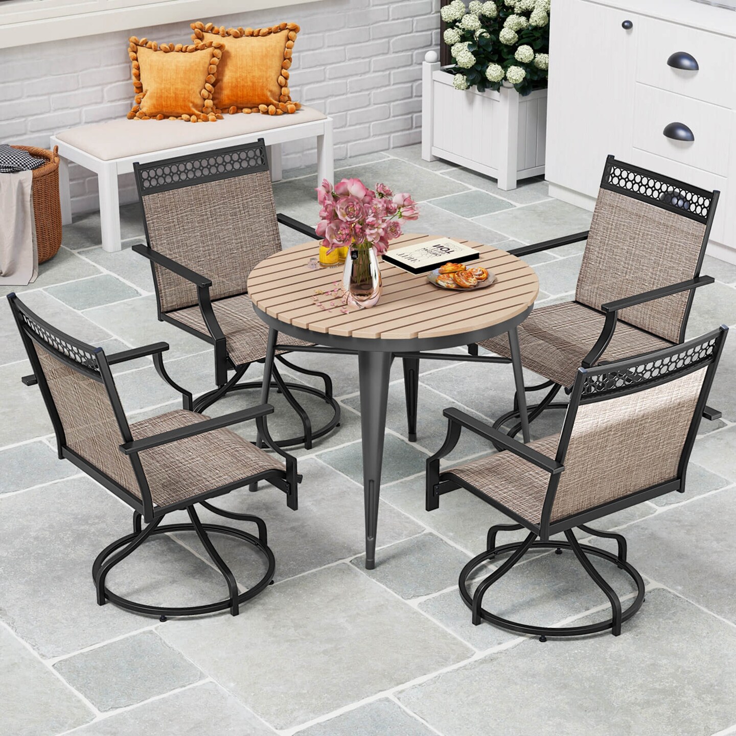 Costway Patio Swivel Dining Chairs Set of 2 with Quick-Drying Fabric and Metal Frame Brown/Gray