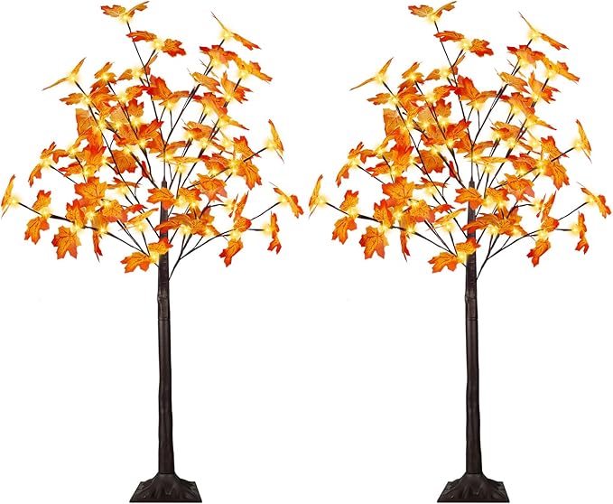 2 Pack 4FT Artificial Lighted Maple Tree, Fall Decorations for Home with Timer, 96 LED Prelit Fall Decor Maple Tree with Warm White Light for Indoor Outdoor Harvest, Halloween, Thanksgiving, Orange